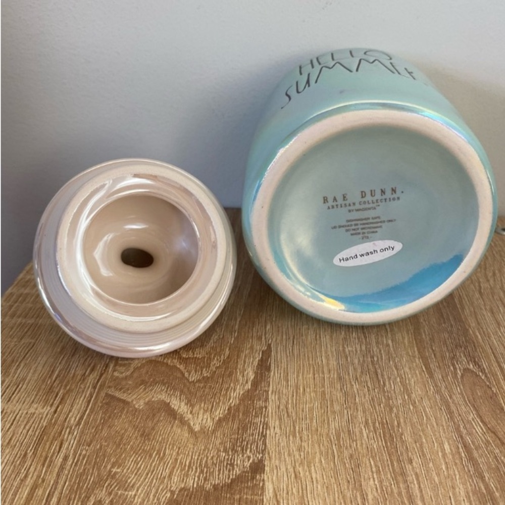 Rae Dunn "Hello Summer" iridescent blue ceramic canister with a seashell lid. - Picture 2 of 5